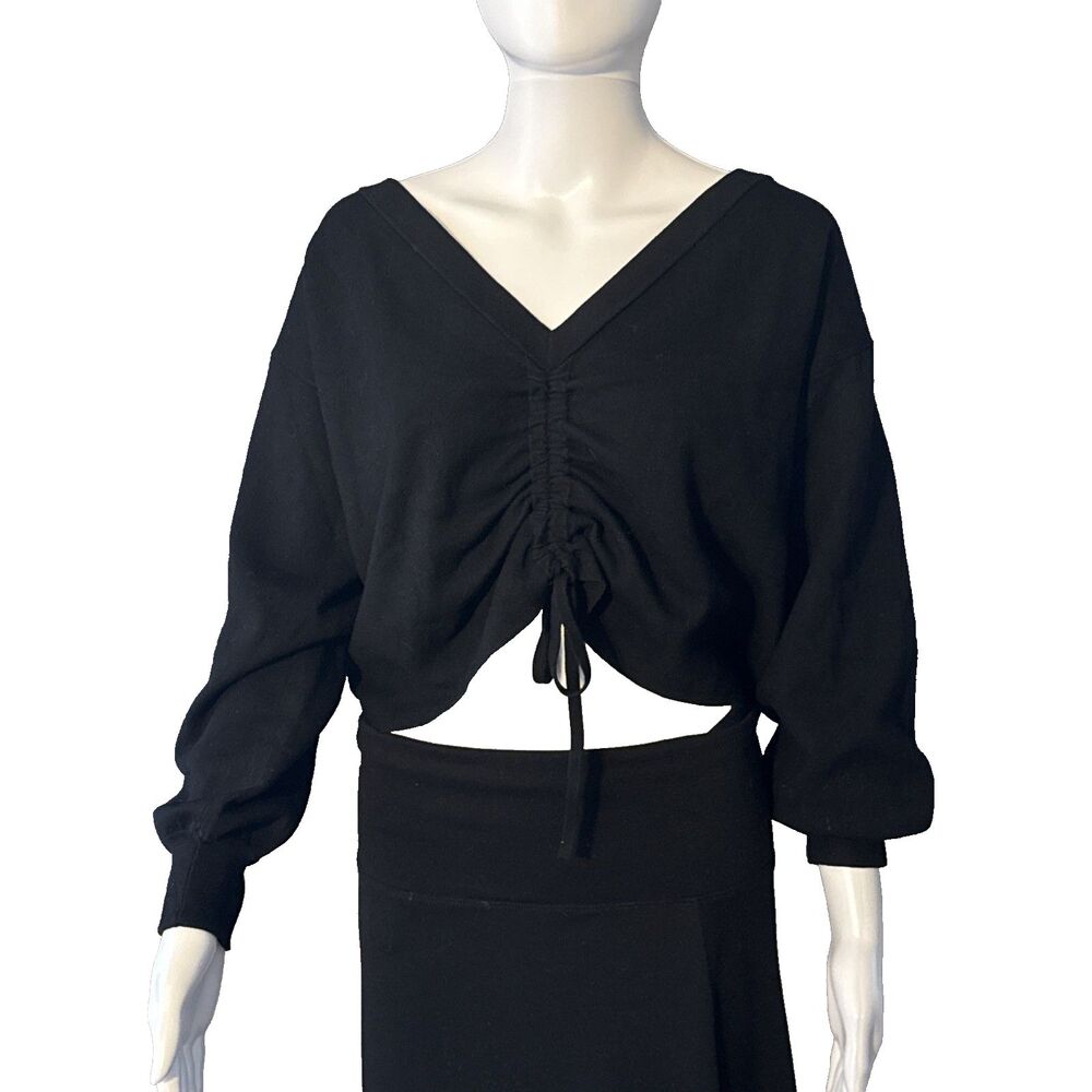 Alice + Olivia Nora Reversible Black Wool Blend Drawcord Ruched Sweater SZ M